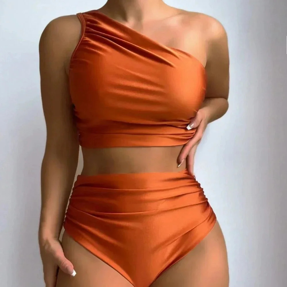 Orange Elegant Women's Beach One Shoulder Ruched Bikini Set
